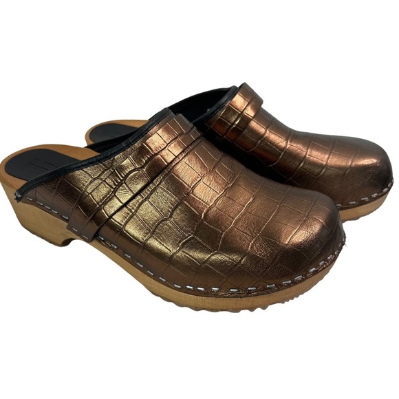 bjork Shoes - Bjork Swedish Maja Wood Open back Brown Metallic Leather Slip-On Clogs 39